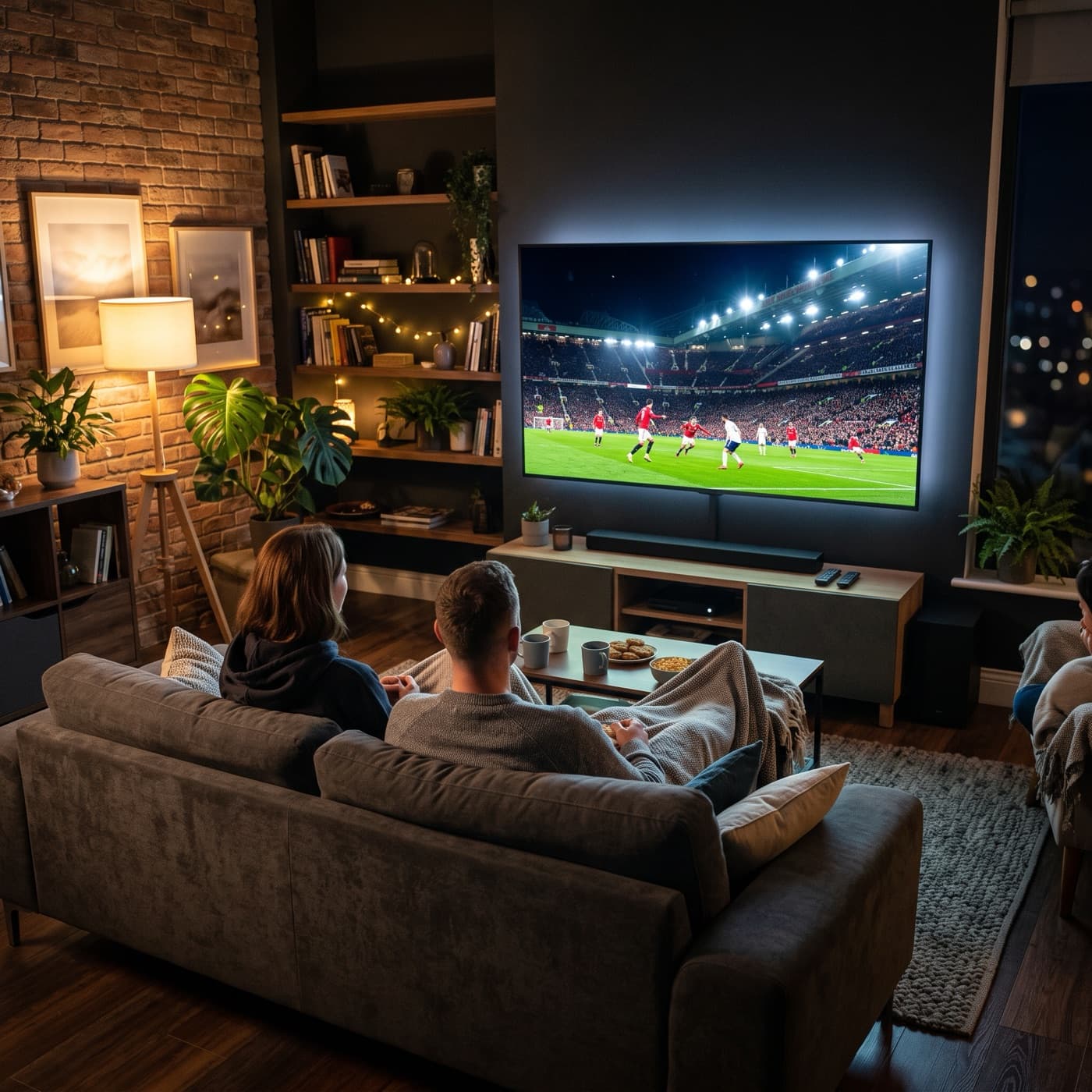 Friends watching live football on a big smart TV in a cosy living room with Streamora